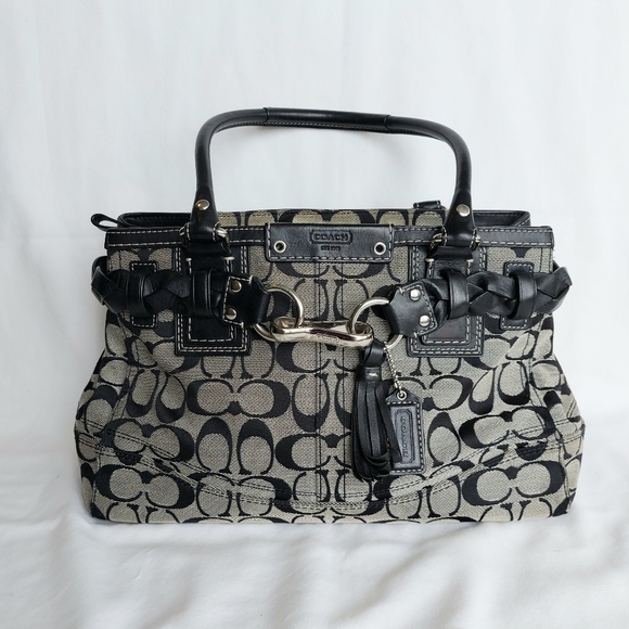 Coach Handbags - Coach Hampton Signature Monogram Carryall Handbag Shoulder Bag Braid Black